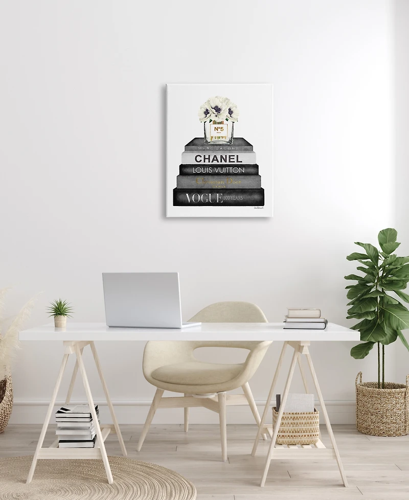 Stupell Industries Fashion Designer Flower Book Stack Black and White Watercolor Stretched Canvas Wall Art, 24" x 30"