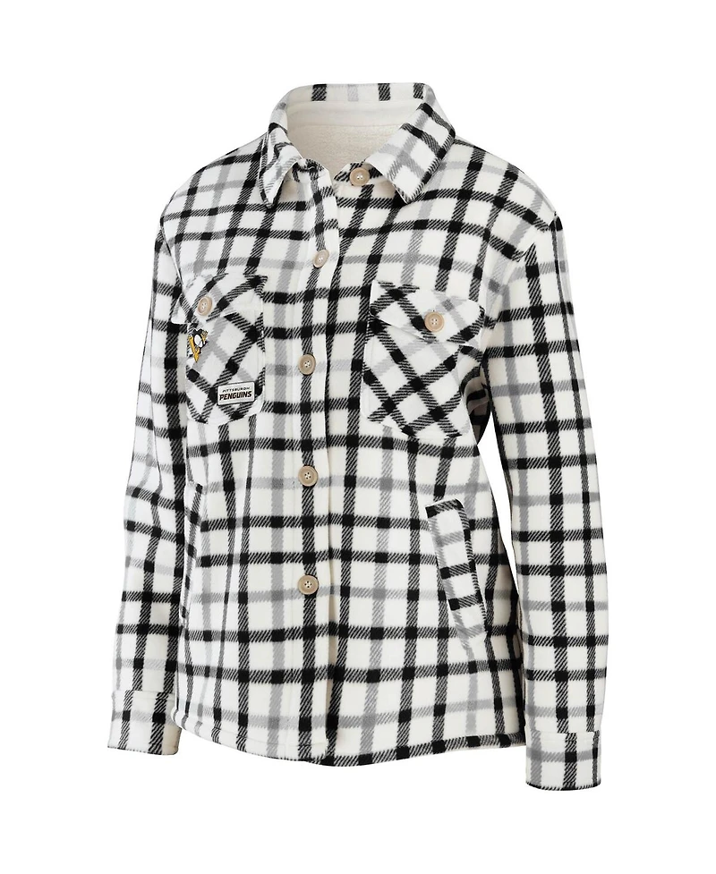 Women's Wear by Erin Andrews Oatmeal Pittsburgh Penguins Plaid Button-Up Shirt Jacket