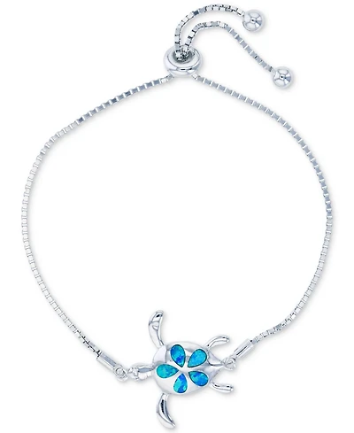 Lab-Created Blue Opal Turtle Bolo Bracelet in Sterling Silver