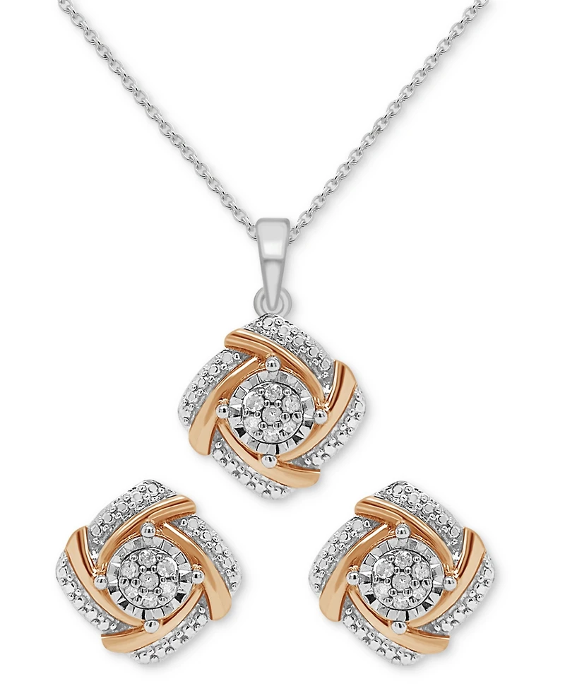 2-Pc. Set Diamond Swirl Pendant Necklace & Matching Stud Earrings (1/6 ct. t.w.) in Sterling Silver & 14k Rose Gold-Plate