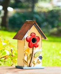 Glitzhome 10.25" Washed Birdhouse with 3D Flowers