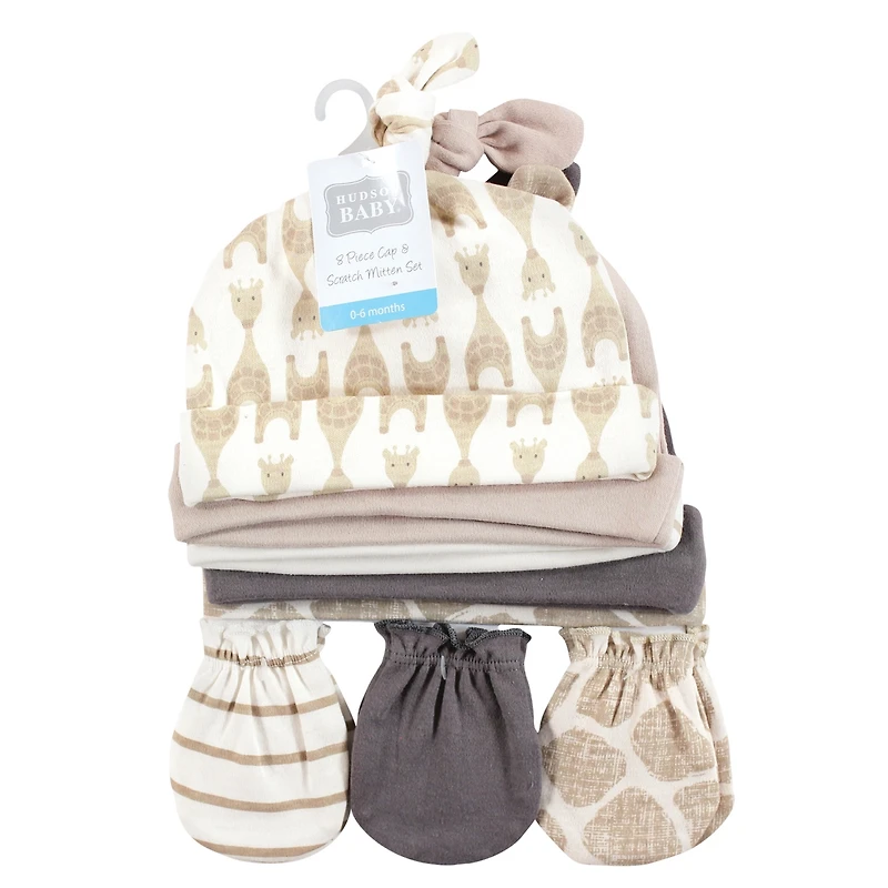 Hudson Baby Boys Unisex 8Pk Cap/Scratch Mitten Set