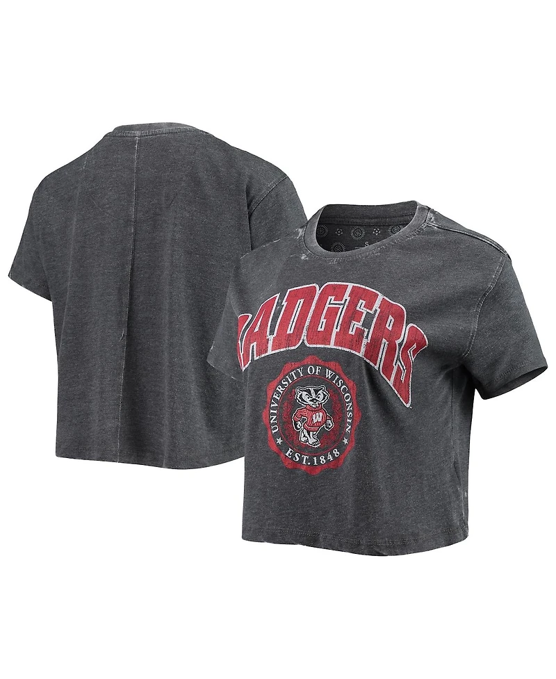 Women's Pressbox Heathered Black Wisconsin Badgers Edith Vintage-Like Burnout Crop T-shirt