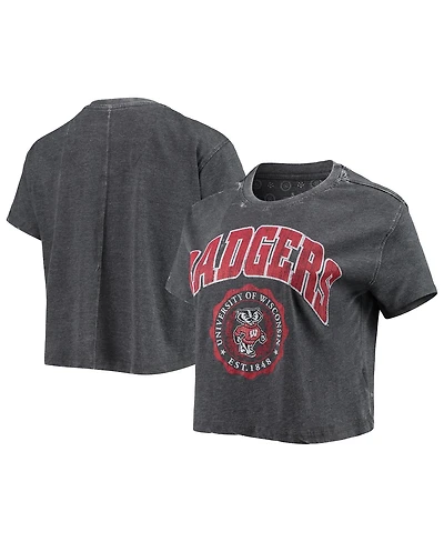 Women's Pressbox Heathered Black Wisconsin Badgers Edith Vintage-Like Burnout Crop T-shirt