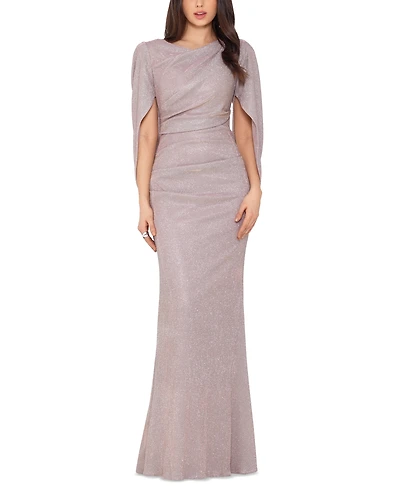 Betsy & Adam Petite Cape-Back Metallic Gown