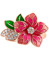 Effy Pink & Green Enamel & Diamond Flower Ring (1/5 ct. t.w.) in 14k Rose Gold
