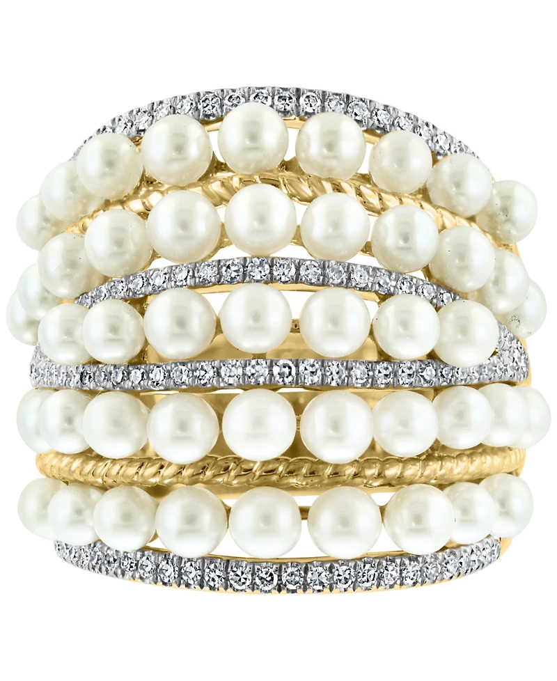 Effy Cultured Freshwater Pearl (4mm) & Diamond (3/8 ct. t.w.) Multirow Statement Ring in 14k Gold