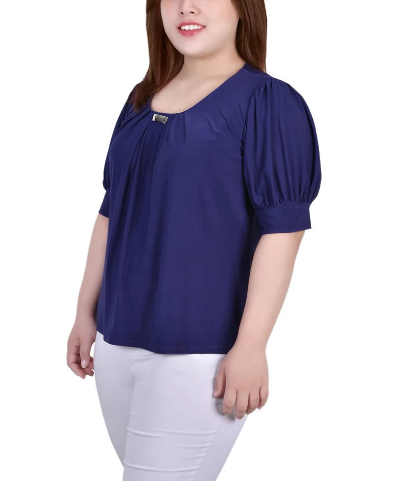 Ny Collection Plus Size Short Balloon Sleeve Top with Hardware