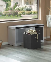 Basicwise White Shoe Storage Bench with Wooden Frame, 2 Drawers, Foldable Baskets, and Comfortable Gray Cushion for Entryway, Hallway, or Bedroom Orga