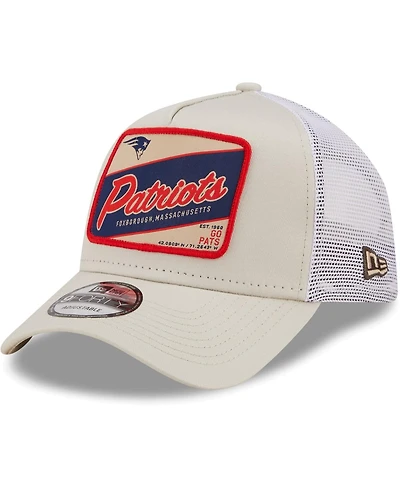 Men's New Era Khaki, White New England Patriots Happy Camper A-Frame Trucker 9FORTY Snapback Hat