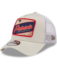 Men's New Era Khaki, White New England Patriots Happy Camper A-Frame Trucker 9FORTY Snapback Hat