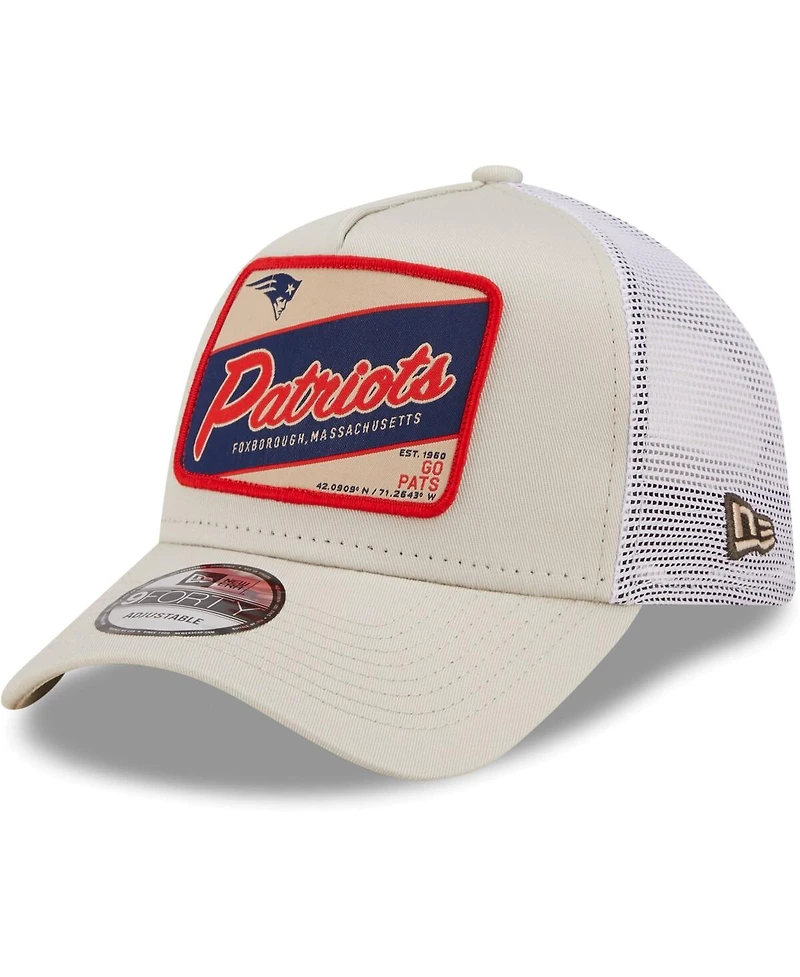 Men's New Era Khaki, White New England Patriots Happy Camper A-Frame Trucker 9FORTY Snapback Hat