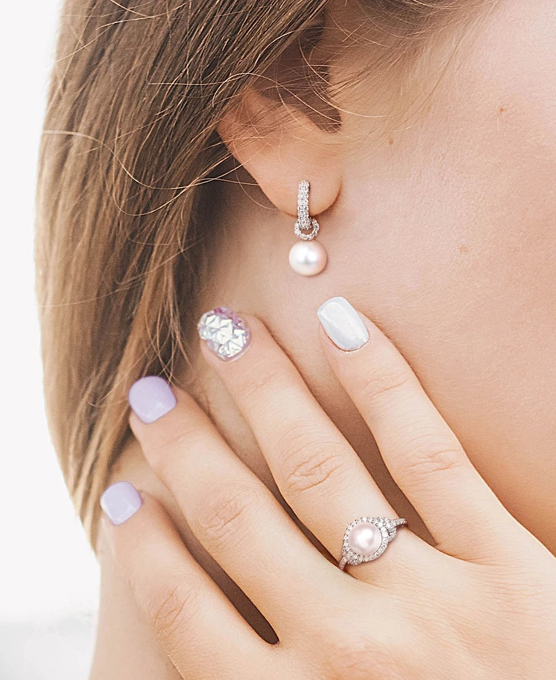 2-Pc. Set Cultured Freshwater Pearl (8-9mm) & Cubic Zirconia Dangle Hoop Earrings Halo Ring Sterling Silver