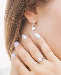 2-Pc. Set Cultured Freshwater Pearl (8-9mm) & Cubic Zirconia Dangle Hoop Earrings Halo Ring Sterling Silver