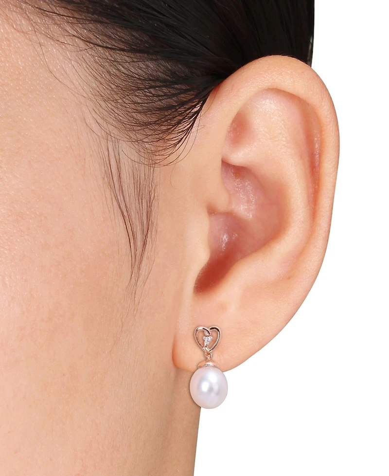 Cultured South Sea Oval Pearl (8-9mm) & White Topaz Accent Heart Drop Earrings in Rose-Tone Sterling Silver