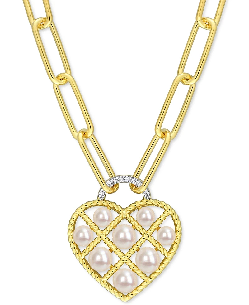 Cultured Freshwater Pearl (3-1/2 - 5mm) & Diamond Accent 18" Heart Pendant Necklace in Gold-Tone Plated Sterling Silver