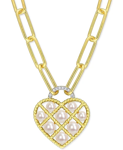 Cultured Freshwater Pearl (3-1/2 - 5mm) & Diamond Accent 18" Heart Pendant Necklace in Gold-Tone Plated Sterling Silver