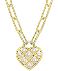 Cultured Freshwater Pearl (3-1/2 - 5mm) & Diamond Accent 18" Heart Pendant Necklace in Gold-Tone Plated Sterling Silver