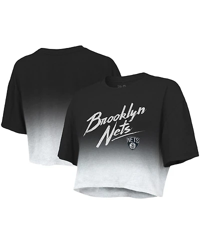 Women's Majestic Threads Black and White Brooklyn Nets Dirty Dribble Tri-Blend Cropped T-shirt