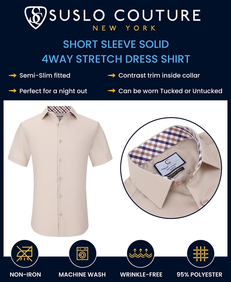 Suslo Couture Men's Slim Fit Performance Short Sleeves Solid Button Down Shirt