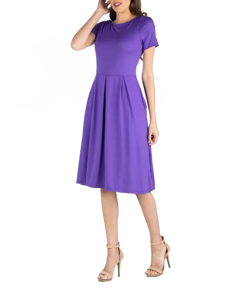 24seven Comfort Apparel Midi Dress with Short Sleeves and Pocket Detail