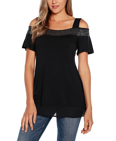 Belldini Women's Embellished Cold-Shoulder Top