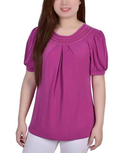 Women's Short Puff Sleeve Sheer Inset Top