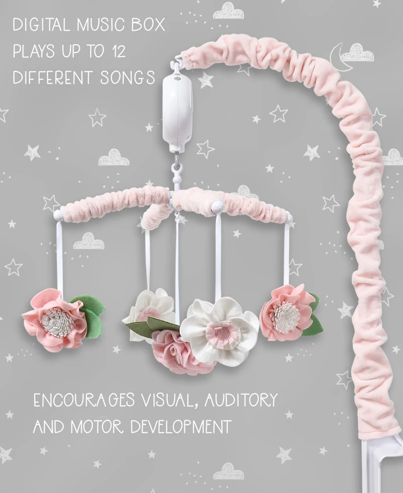 The Peanutshell Pink Floral Musical Crib Mobile for Baby Girls Plays 12 Lullabies