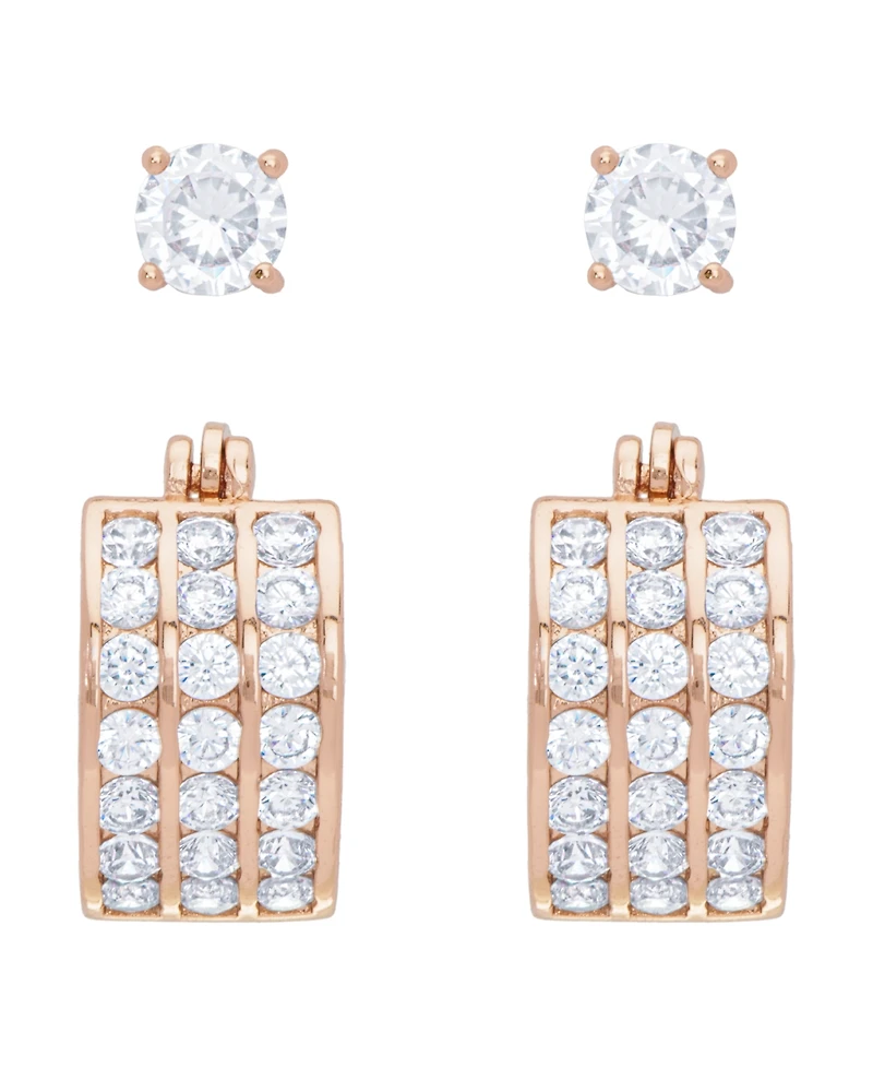 Women's 14k Rose Gold Plated Cubic Zirconia Row Hoop Earrings Set, 4 Pieces