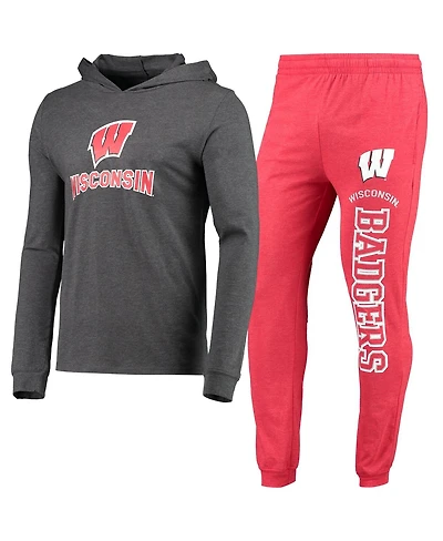 Men's Concepts Sport Heathered Red, Charcoal Wisconsin Badgers Meter Long Sleeve Hoodie T-shirt and Jogger Pants Set