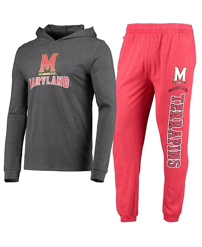 Men's Concepts Sport Heathered Red, Charcoal Maryland Terrapins Meter Long Sleeve Hoodie T-shirt and Jogger Pants Set