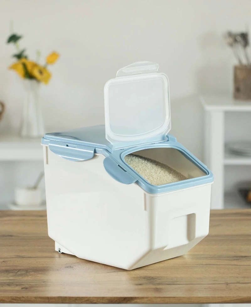 Plastic Storage Food Holder Containers with a Measuring Cup and Wheels