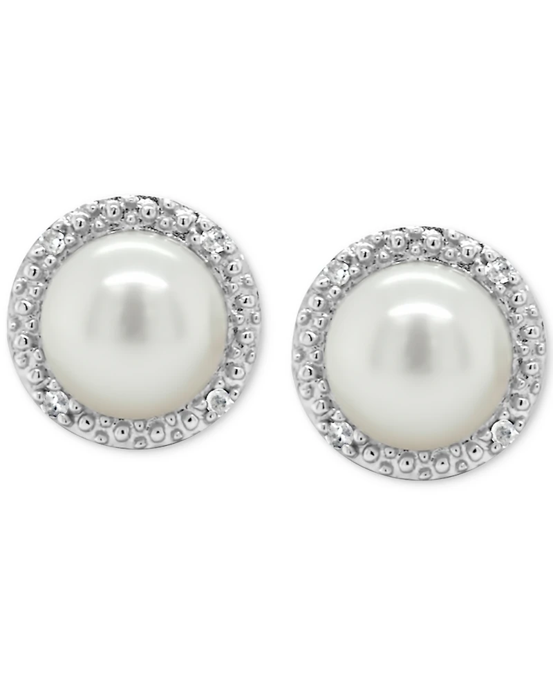 Cultured Freshwater Pearl & Diamond Accent Stud Earrings in Sterling Silver (Also in Onyx, Labradorite &Turquoise)