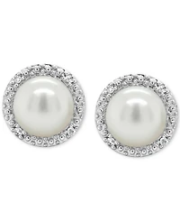 Cultured Freshwater Pearl & Diamond Accent Stud Earrings in Sterling Silver (Also in Onyx, Labradorite &Turquoise)