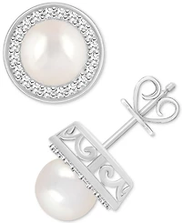Cultured Freshwater Pearl & Diamond (1/5 ct. t.w.) Halo Stud Earrings in Sterling Silver (Also in Onyx, Turquoise, & Labradorite)