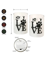 Battery Operated Love Paw Led Glass Candles with Moving Flame, Set of 2
