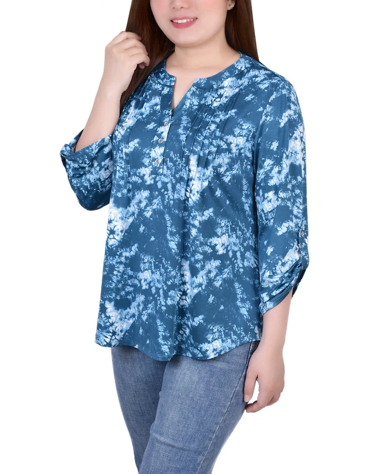 Ny Collection Petite Knit Jacquard 3/4 Sleeve Roll Tab Pintuck Top