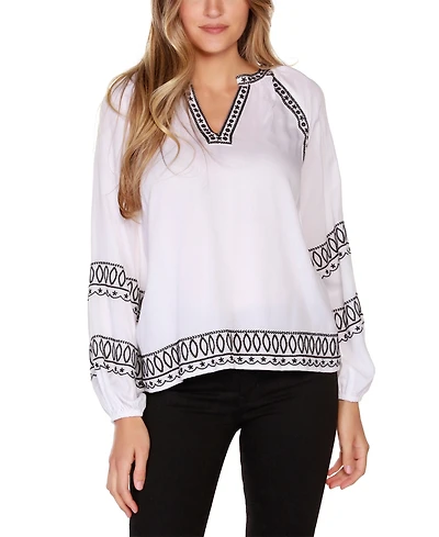 Belldini Women's Black Label Embroidered Blouson Split-Neck Top