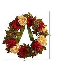 Peony, Dahlia and Hydrangea Artificial Wreath, 24"