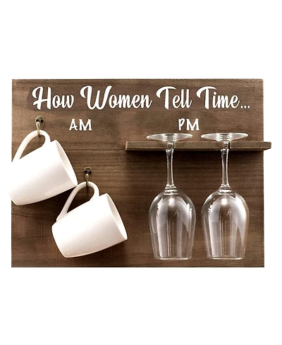 How Woman Tell Time Wall Mounted Wine Rack with Wine Glasses and Coffee Mugs, Set of 5
