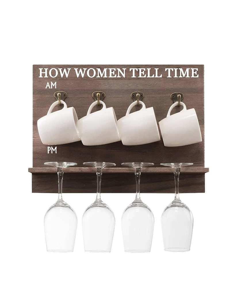 How Women Tell Time Wall Mounted Wine Rack with Wine Glasses and Coffee Mugs, Set of 9