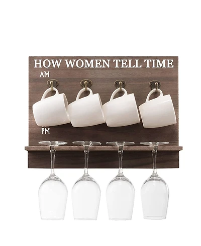 How Women Tell Time Wall Mounted Wine Rack with Wine Glasses and Coffee Mugs, Set of 9
