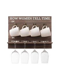 How Women Tell Time Wall Mounted Wine Rack with Wine Glasses and Coffee Mugs, Set of 9