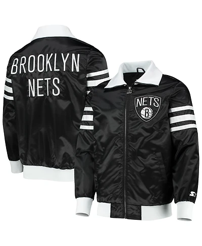 Men's Starter Black Brooklyn Nets The Captain Ii Full-Zip Varsity Jacket