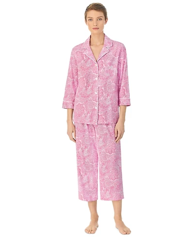 Lauren Ralph Womens 3/4 Sleeve Cotton Notch Collar Capri Pant Pajama Set