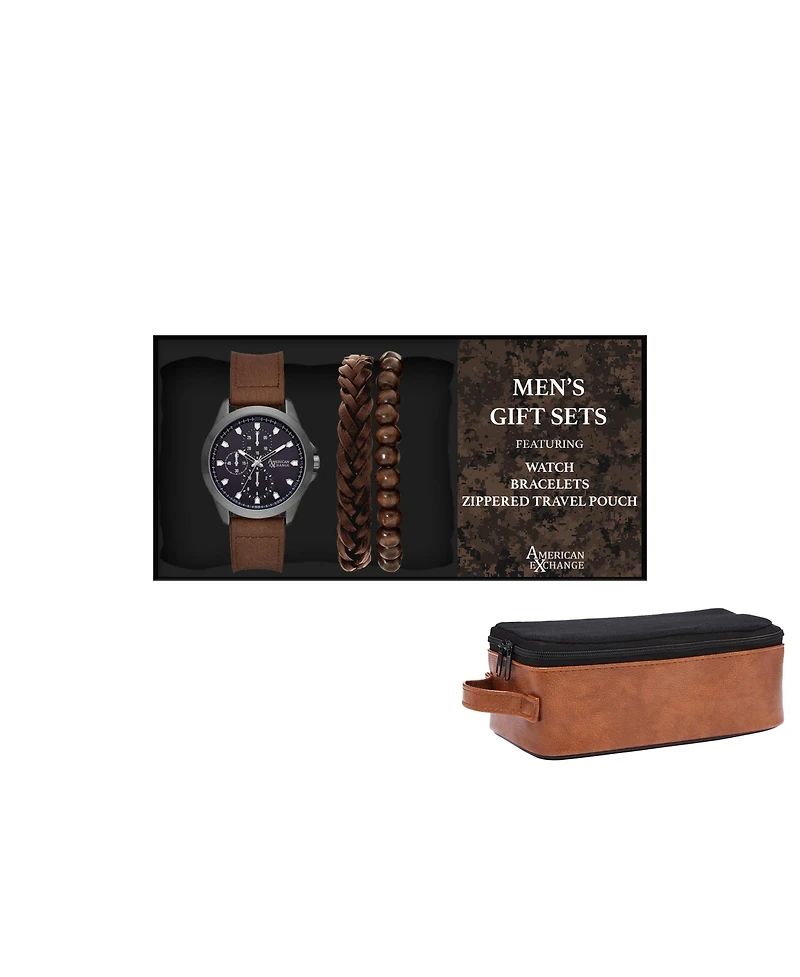 American Exchange Men's Quartz Movement Brown Leather Analog Watch, 47mm and Stackable Bracelet Set with Zippered Pouch