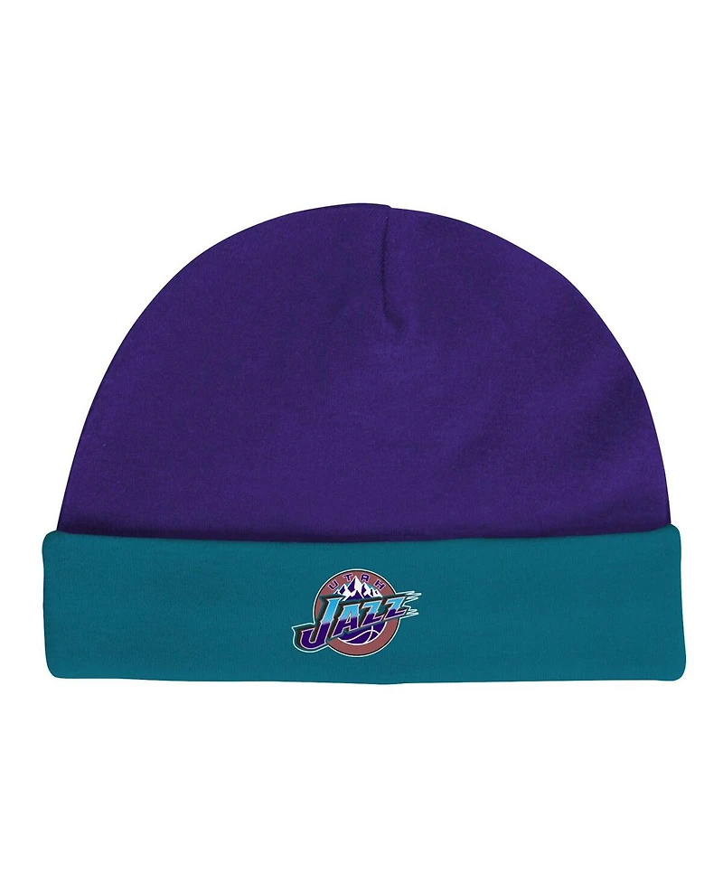 Infant Boys and Girls Mitchell & Ness Purple, Teal Utah Jazz Hardwood Classics Bodysuits and Cuffed Knit Hat Set