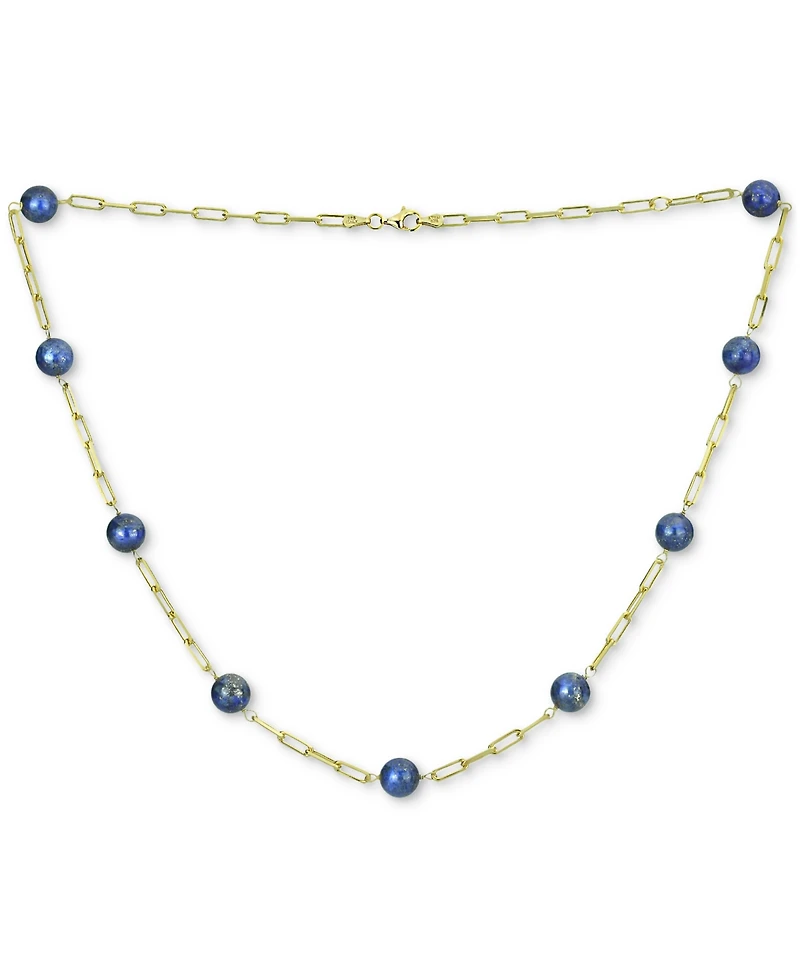 Green Jade Bead Paperclip Link Collar Necklace Gold-Plated Sterling Silver, 18" + 2" extender, (Also Onyx)