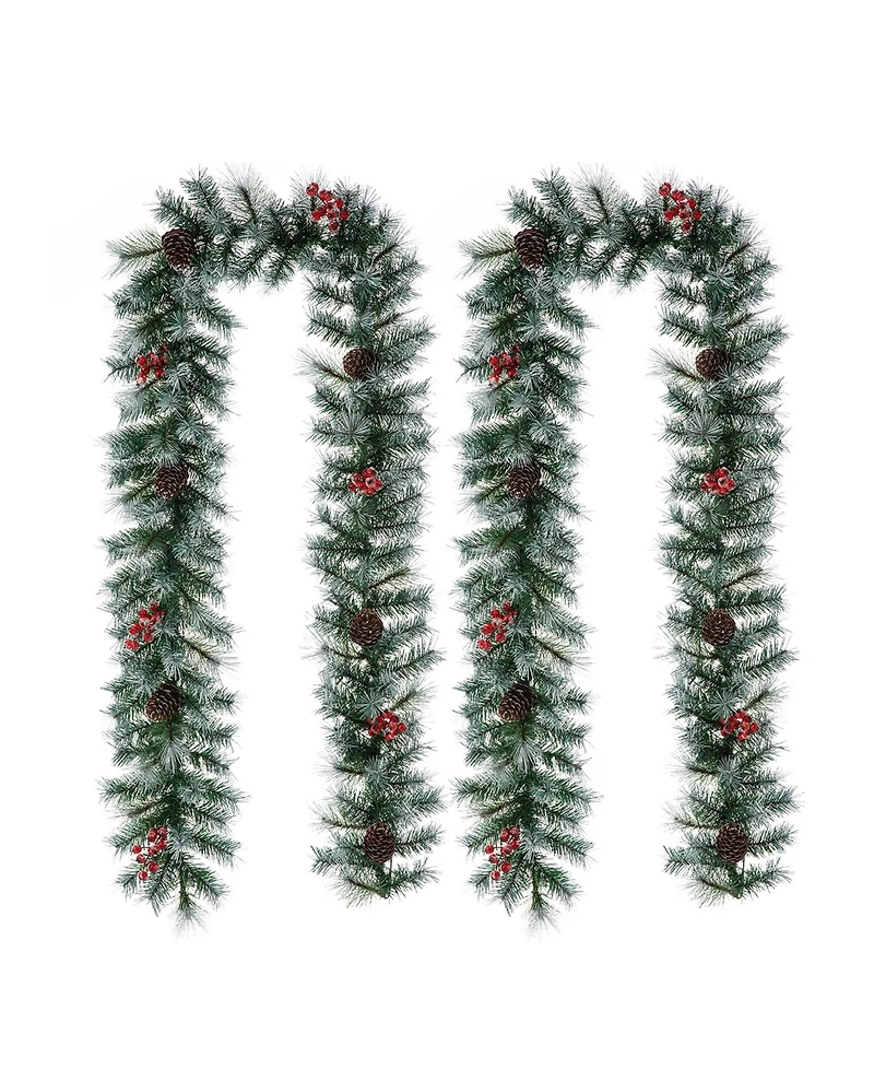 Glitzhome 9' Pre-Lit Greenery Pine Cones and Berries Christmas Garland, with 50 Warm White Lights Set, 2 Piece