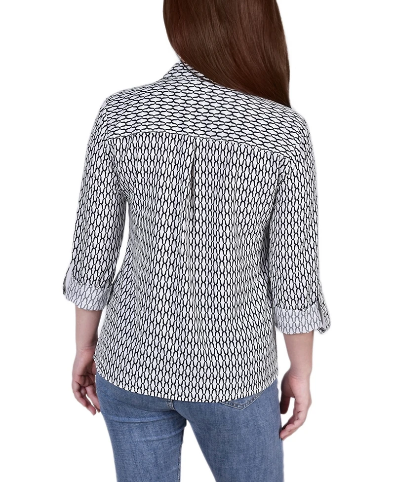 Petite 3/4 Sleeve Roll Tab Notch Collar Blouse